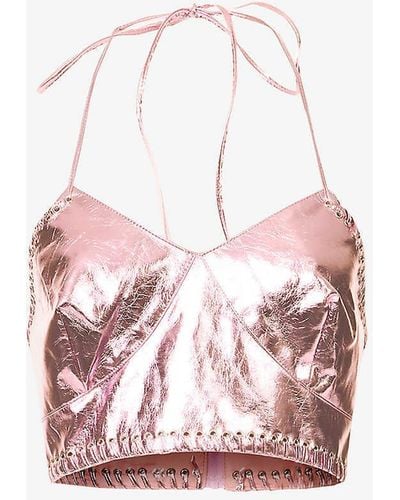 Amy Lynn V-neck Metallic-finish Faux-leather Top - Pink