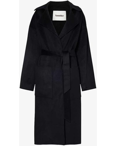 Nanushka Alamo Tie-waist Wool And Silk-blend Coat - Black