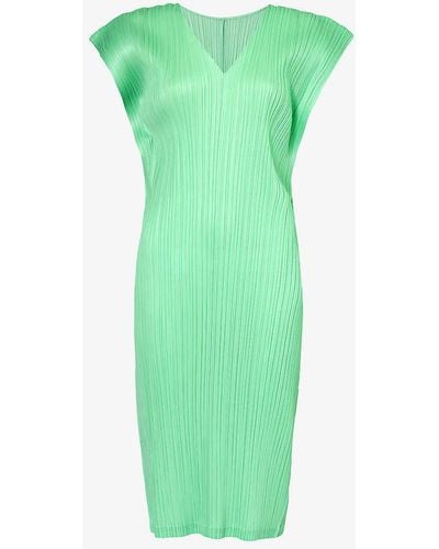 Pleats Please Issey Miyake V-neck Pleated Knitted Midi Dress - Green