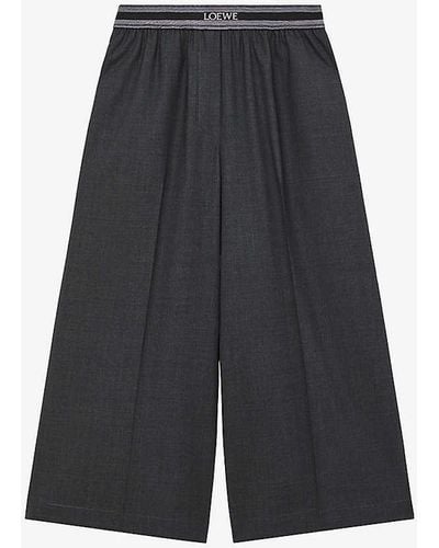 Loewe Branded-waistband Wide-leg High-rise Wool-blend Trousers - Blue