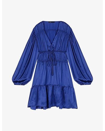 Maje Pleated V-neck Satin Mini Dress - Blue