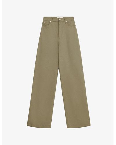 Loewe High-rise Wide-leg Brand-patch Cotton-drill Trousers - Green