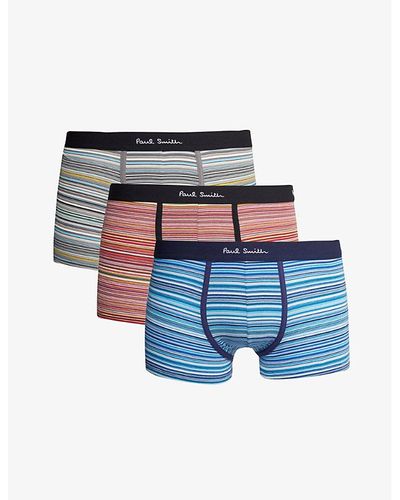 Paul Smith Branded-waistband Pack Of Three Stretch-organic Cotton Trunks - Blue