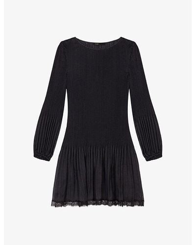 Maje Pleated Round-neck Woven Mini Dress - Black