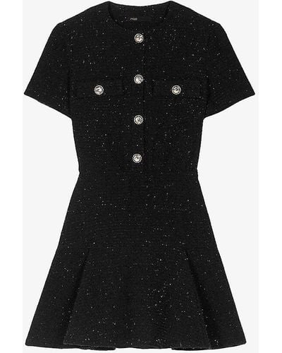 Maje Round-neck Short-sleeved Tweed Mini Dress - Black