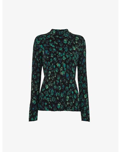 Whistles Floral-print Funnel-neck Cotton-blend Sweater - Green