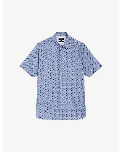 Ted Baker Geometric-pattern Short-sleeve Stretch-cotton Shirt - Blue