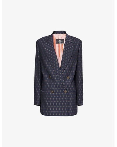 Etro Abstract-pattern Double-breasted Wool-blend Blazer - Blue