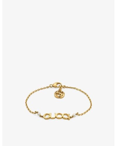 Gucci Logo-script Glass-pearls Gold-toned Metal Bracelet - Metallic