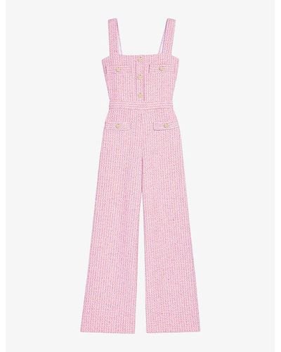 Maje Square-neck Button-embellished Tweed Dungarees - Pink