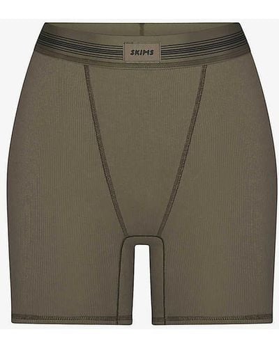 Skims Cotton Rib Logo-patch Stretch-cotton Boxer Shorts - Green