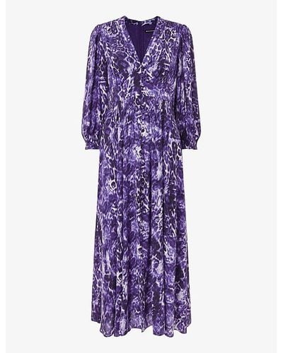 Whistles Glossy Leopard-print Long-sleeve Woven Midi Dress - Purple