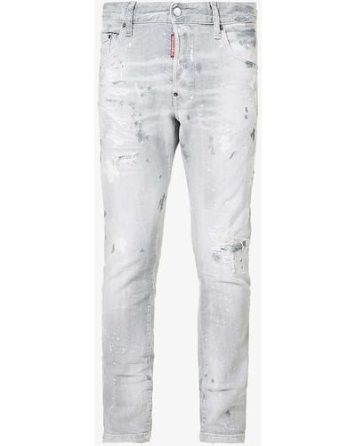 DSquared² Abstract-print Slim-fit Distressed Stretch-denim Jeans - Grey