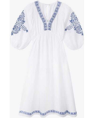 The White Company Flower-embroidered V-neck Organic-cotton Maxi Dress - White