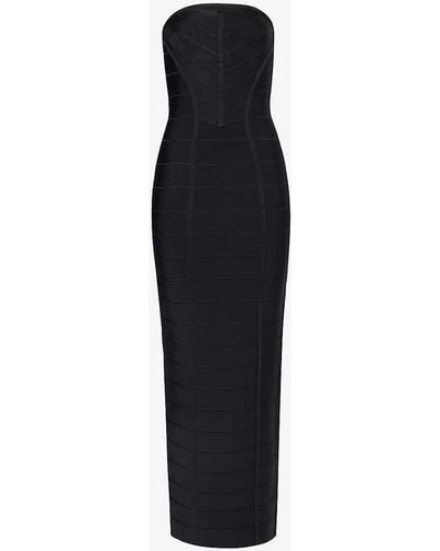 Hervé Léger Chevron-patterned Slim-fit Recycled Rayon-blend Knitted Gown - Black