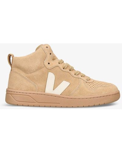 Veja V-15 Logo-embroidered High-top Leather Trainers - Natural