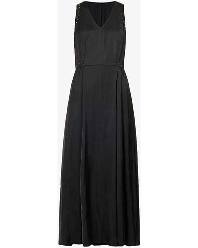 IKKS Stud-embellished Flared-hem Satin Maxi Dress - Black