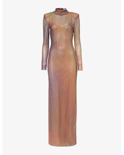 Self-Portrait Crystal-embellished Gradient-pattern Stretch-woven Maxi Dress - Natural