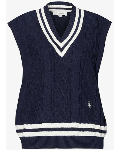 Sporty & Rich Logo-embroidered V-neck Cableknit Vest X - Blue