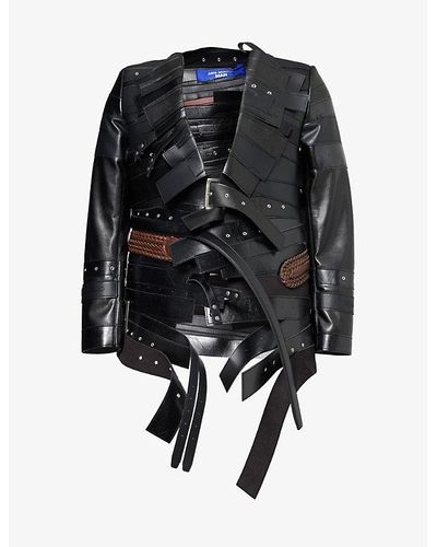 Junya Watanabe Belt-embellished V-neck Faux-leather Jacket - Black