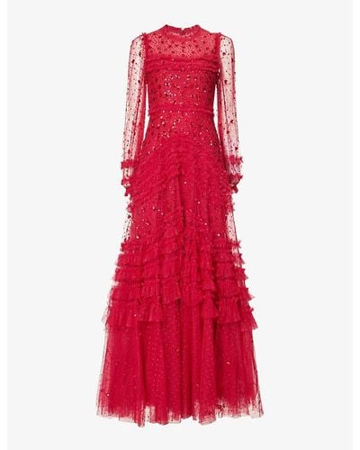 Needle & Thread Maybelle Sequin-embellished Ruffle-trim Woven Maxi Dress - Red