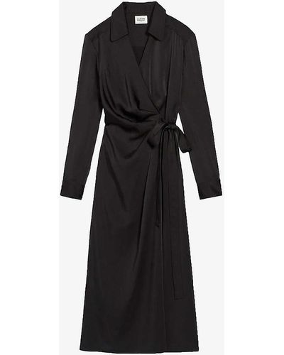 Claudie Pierlot Raquela Long-sleeve Wrap-over Woven Midi Dress - Black