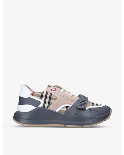 Burberry Ramsey Checked Leather And Suede Sneakers - Gray