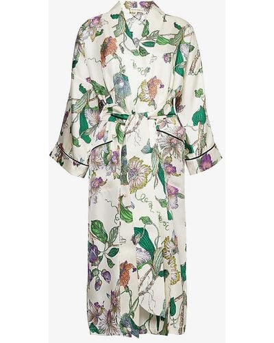 Olivia Von Halle Sabine Floral-pattern Relaxed-fit Silk Robe - White