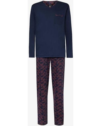 Hanro Paisley-pattern Regular-fit Cotton-jersey Pyjamas - Blue