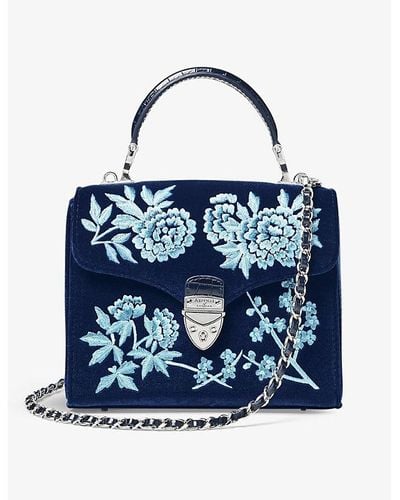 Aspinal of London Mayfair Midi Flower-embroidered Velvet Top-handle Bag - Blue