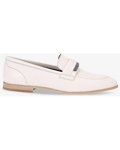 Brunello Cucinelli Penny Bead-embellished Leather Loafers - Natural