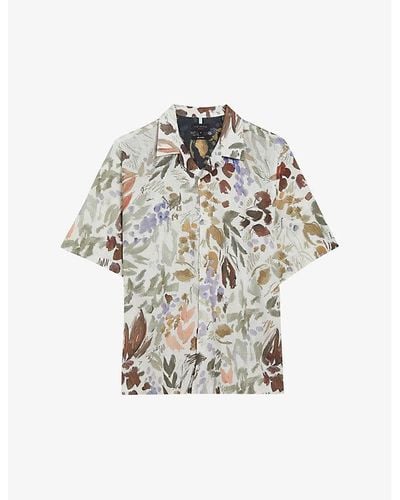 Ted Baker Moselle Floral-print Relaxed-fit Linen And Cotton-blend Shirt - White