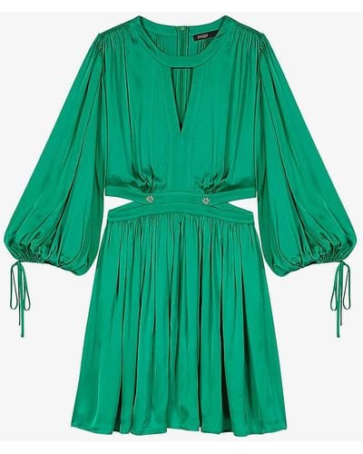 Maje Cut-out Pleated-skirt Woven Mini Dress - Green