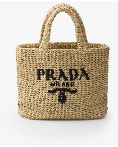 Prada Embroidered-logo Small Crochet Tote Bag - Metallic