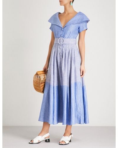 Gül Hürgel Belted Linen And Cotton-blend Midi Dress - Blue