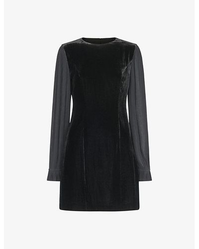 Whistles Pleated-sleeve Round-neck Velvet Mini Dress - Black