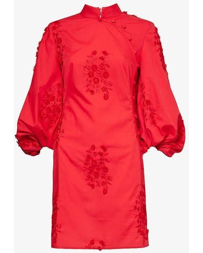 Huishan Zhang Ming Floral-appliqué Woven Mini Dress - Red