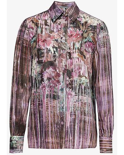Alberta Ferretti Floral-pattern Spread-collar Silk Shirt - Purple