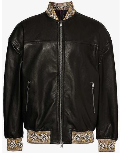 Etro Relaxed-fit Contrast-trim Leather Jacket - Black