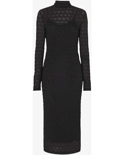Whistles High-neck Long-sleeve Textured Knit Midi Dress - Black
