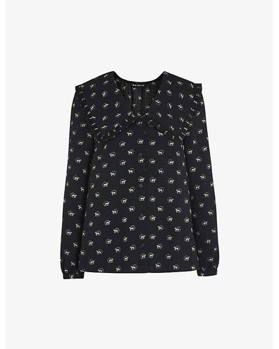Whistles Horseshoe-print Oversized-collar Recycled-polyester Top - Black