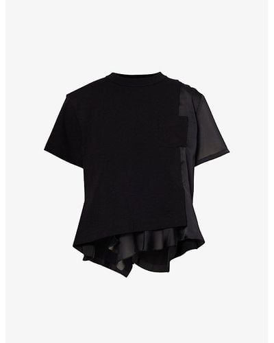 Sacai Draped-panel Round-neck Cotton-jersey T-shirt X - Black