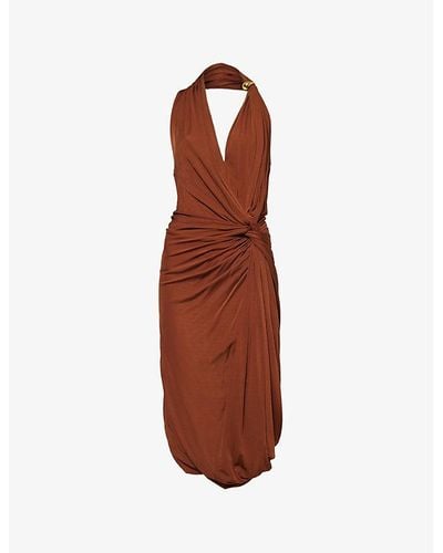 Bottega Veneta Halterneck Asymmetric-hem Woven Midi Dress - Brown