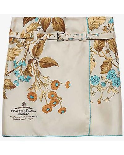 Prada Floral-print Archive-logo Silk-twill Mini Skirt - White