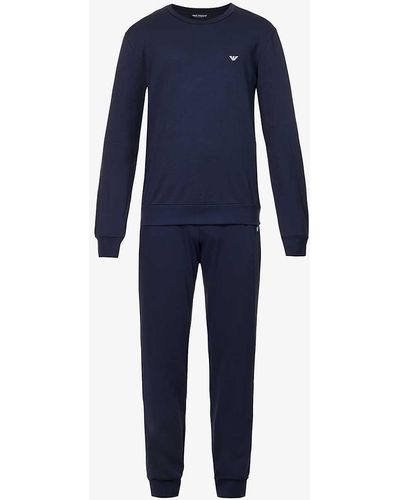 Emporio Armani Brand-embroidered Cotton-jersey Pyjama Set - Blue