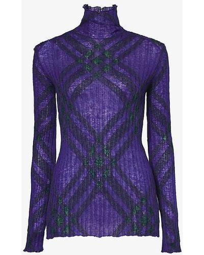 Burberry Checked High-neck Mohair And Wool-blend Top - Purple