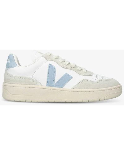 Veja V-90 Logo-embroidered Leather Low-top Trainers - Blue