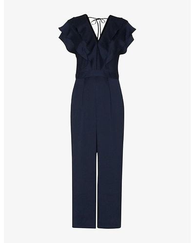 Whistles Adeline Ruffle Recycled Polyester Jumpsuit - Blue