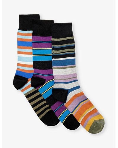 Paul Smith Stripe-pattern Pack Of Three Stretch-cotton Knitted Socks - Black