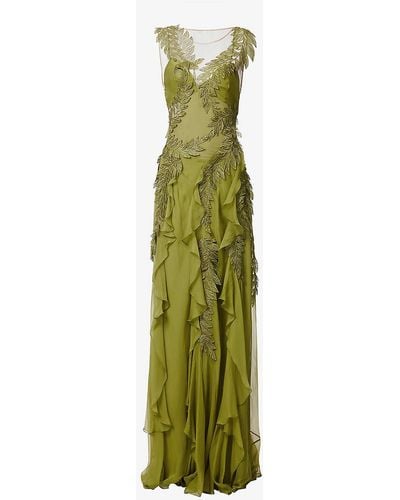 Alberta Ferretti Floral-appliqué Flared-hem Silk Gown - Green